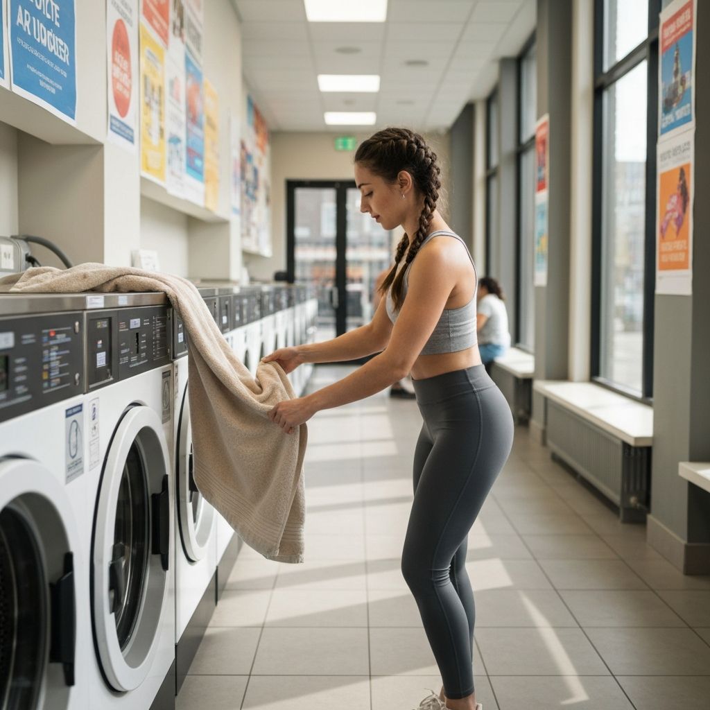 Woman folding laundry near washing machine
