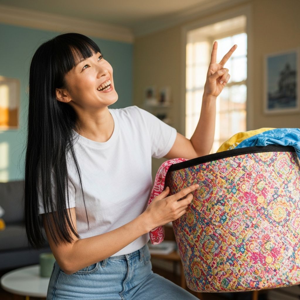 Woman with laundry basket pointing up